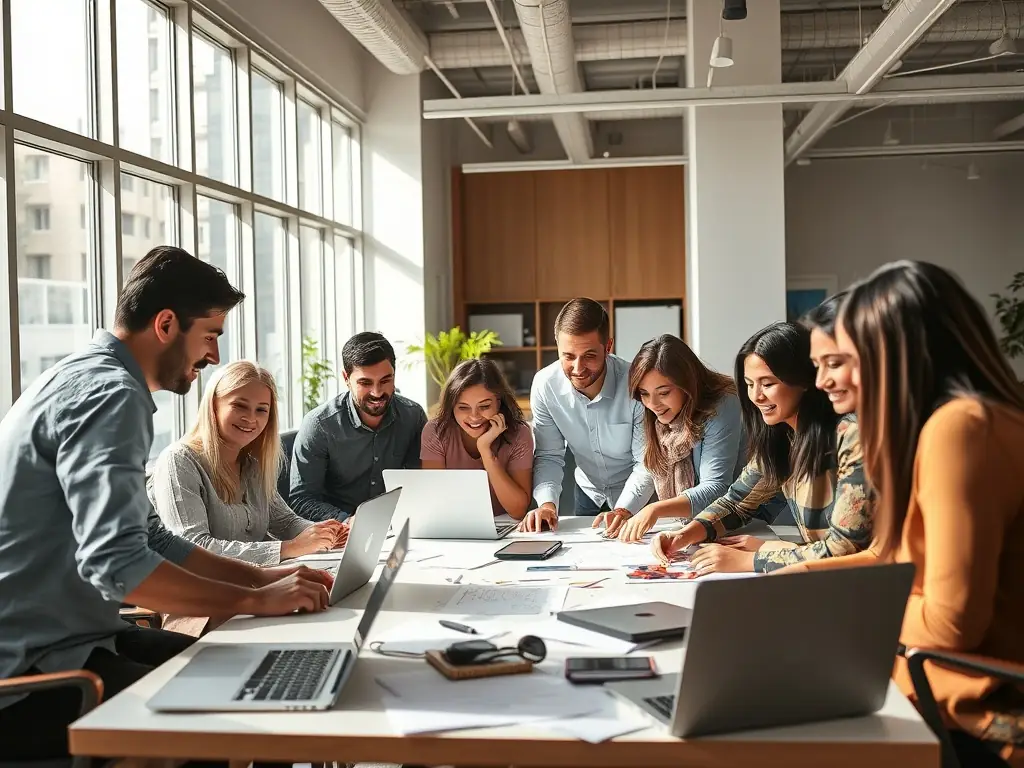 An entrepreneur working on a laptop in a vibrant co-working space, surrounded by diverse team members, symbolizing innovation and collaboration.
