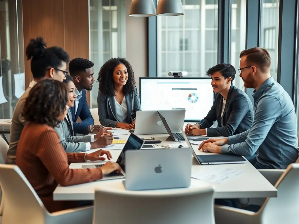 A diverse group of business professionals participating in a workshop, actively engaged in discussions and problem-solving activities, reflecting a collaborative learning environment.