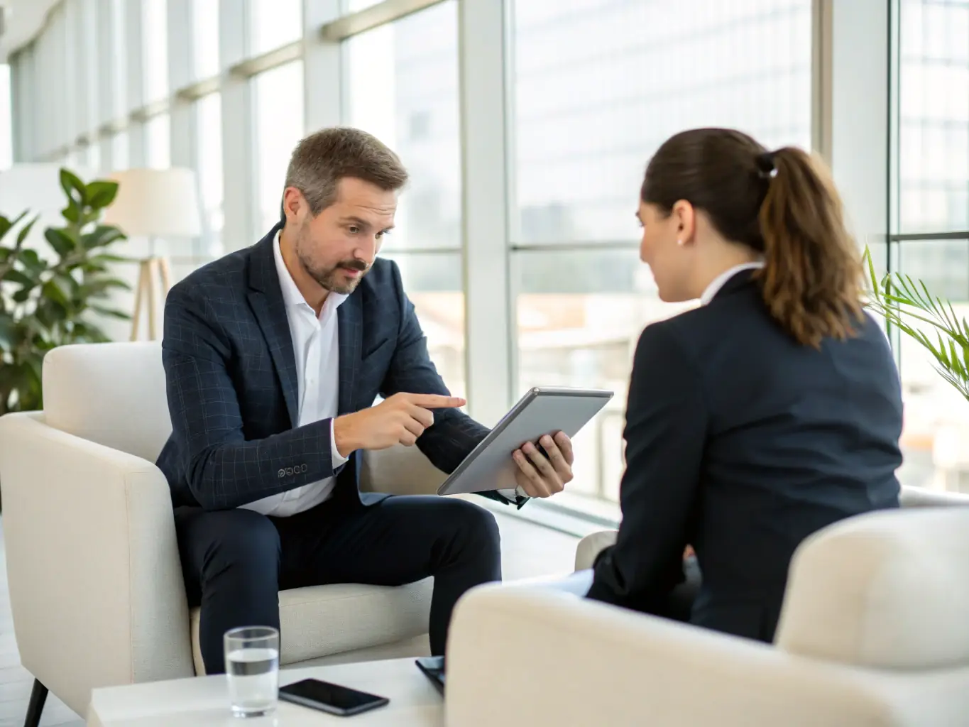 A professional business coach in a modern office setting, guiding a client through a strategic planning session, with charts and graphs visible in the background.